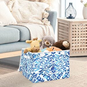 Vnurnrn Collapsible Storage Bins with Lids, Hand Drawn Blue Floral Foldable Storage Boxes, Storage Box Cube with Lid for Clothes,Bedroom,Toys,16.5x12.6x11.8 Inch