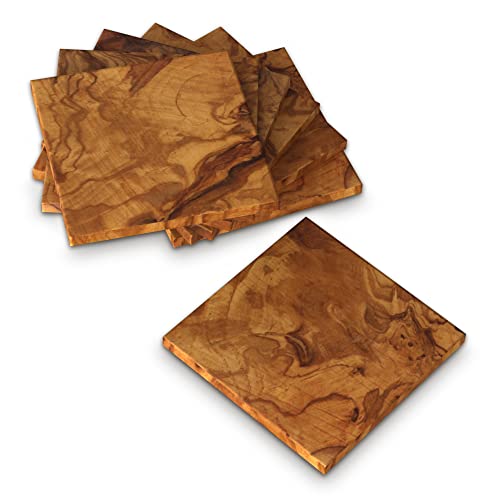 The Live Edge - Olive Wood Coasters for Drinks 6 Piece Set Coasters for Wooden Table | Rustic Coasters for Office Desk | Unique Drink Coaster For Tabletop Protection | Wooden Coasters For Coffee Table