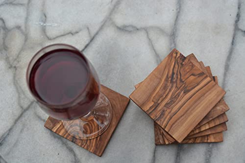 The Live Edge - Olive Wood Coasters for Drinks 6 Piece Set Coasters for Wooden Table | Rustic Coasters for Office Desk | Unique Drink Coaster For Tabletop Protection | Wooden Coasters For Coffee Table