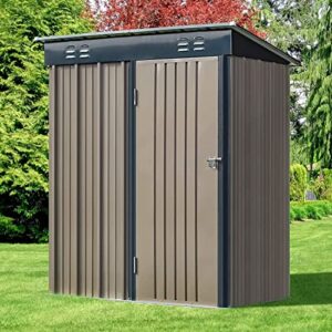 HOMFAMILIA 5' x 3' Outdoor Metal Storage Shed, Galvanized Steel Tool Store Room, Bike Shed Houses, Multi-Function Garden Shed with Lockable Door and Ventilated Vents, for Patio, Yard, Lawn, Brown