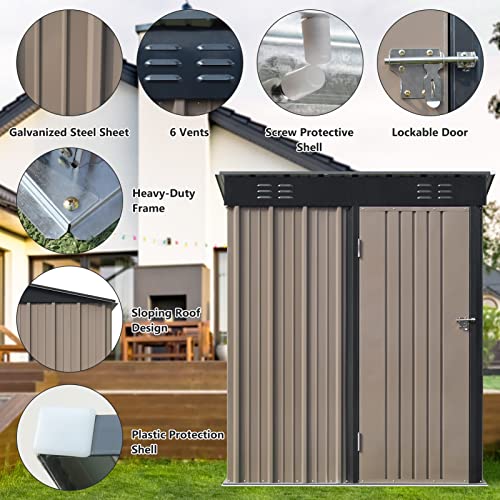 HOMFAMILIA 5' x 3' Outdoor Metal Storage Shed, Galvanized Steel Tool Store Room, Bike Shed Houses, Multi-Function Garden Shed with Lockable Door and Ventilated Vents, for Patio, Yard, Lawn, Brown