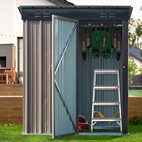 HOMFAMILIA 5' x 3' Outdoor Metal Storage Shed, Galvanized Steel Tool Store Room, Bike Shed Houses, Multi-Function Garden Shed with Lockable Door and Ventilated Vents, for Patio, Yard, Lawn, Brown