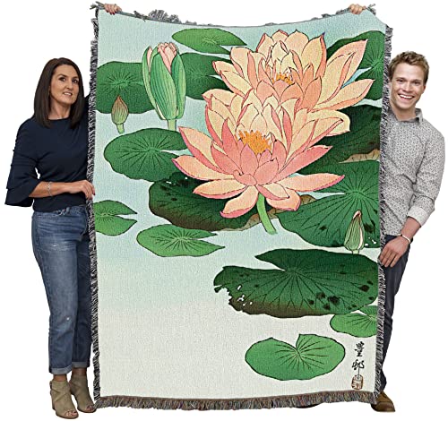 Pure Country Weavers Water Lily Blanket by Ohara Koson - Fine Art Gift Tapestry Throw Woven from Cotton - Made in The USA (72x54)