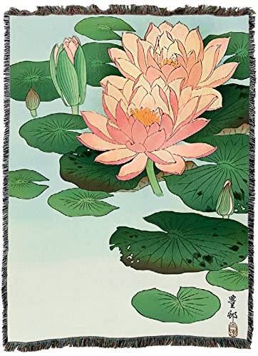 Pure Country Weavers Water Lily Blanket by Ohara Koson - Fine Art Gift Tapestry Throw Woven from Cotton - Made in The USA (72x54)