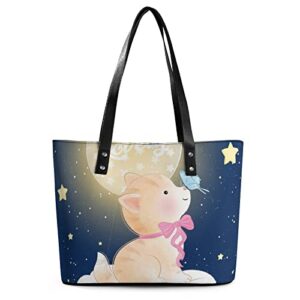 Womens Handbag Star Moon Cat Butterfly Leather Tote Bag Top Handle Satchel Bags For Lady