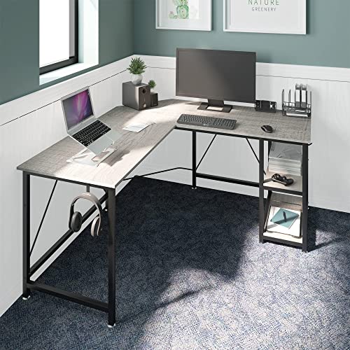 Klvied L Shaped Desk, Large Computer Desk, Office Desk with Storage Shelves, Corner Desks for Home Office, Reversible Writing Desk, Space-Saving Workstation Desk, Modern Simple Wooden Desk, Grey