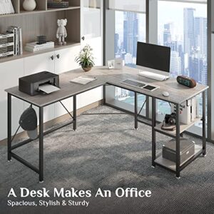 Klvied L Shaped Desk, Large Computer Desk, Office Desk with Storage Shelves, Corner Desks for Home Office, Reversible Writing Desk, Space-Saving Workstation Desk, Modern Simple Wooden Desk, Grey