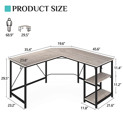 Klvied L Shaped Desk, Large Computer Desk, Office Desk with Storage Shelves, Corner Desks for Home Office, Reversible Writing Desk, Space-Saving Workstation Desk, Modern Simple Wooden Desk, Grey