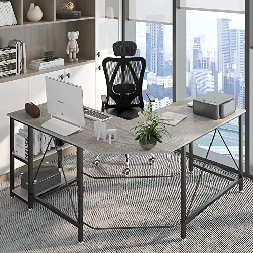 Klvied L Shaped Desk, Large Computer Desk, Office Desk with Storage Shelves, Corner Desks for Home Office, Reversible Writing Desk, Space-Saving Workstation Desk, Modern Simple Wooden Desk, Grey