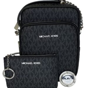 Michael Kors Jet Set Travel Medium Logo Crossbody bundled SM TZ Coinpouch & Purse Hook (Signature MK Black)