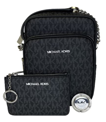 Michael Kors Jet Set Travel Medium Logo Crossbody bundled SM TZ Coinpouch & Purse Hook (Signature MK Black)