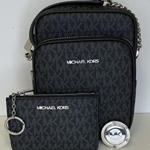 Michael Kors Jet Set Travel Medium Logo Crossbody bundled SM TZ Coinpouch & Purse Hook (Signature MK Black)