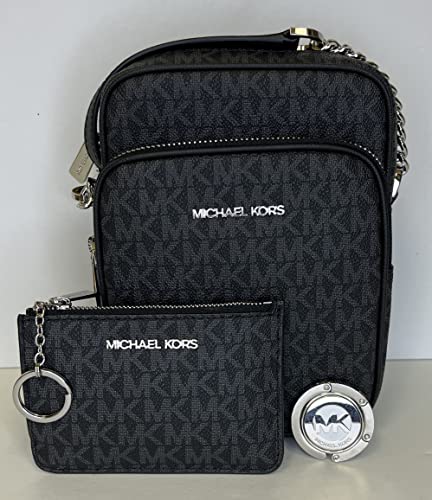 Michael Kors Jet Set Travel Medium Logo Crossbody bundled SM TZ Coinpouch & Purse Hook (Signature MK Black)