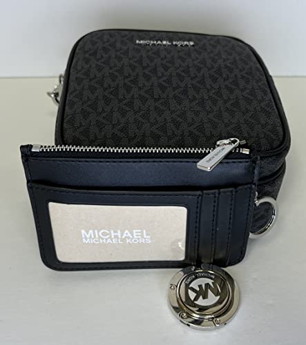 Michael Kors Jet Set Travel Medium Logo Crossbody bundled SM TZ Coinpouch & Purse Hook (Signature MK Black)