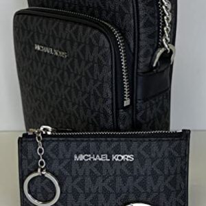 Michael Kors Jet Set Travel Medium Logo Crossbody bundled SM TZ Coinpouch & Purse Hook (Signature MK Black)