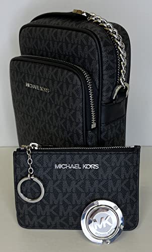 Michael Kors Jet Set Travel Medium Logo Crossbody bundled SM TZ Coinpouch & Purse Hook (Signature MK Black)