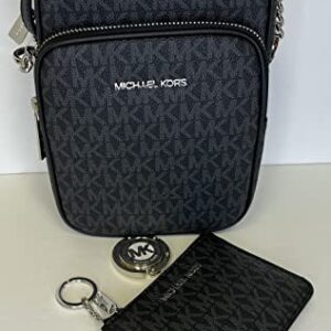 Michael Kors Jet Set Travel Medium Logo Crossbody bundled SM TZ Coinpouch & Purse Hook (Signature MK Black)