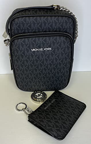 Michael Kors Jet Set Travel Medium Logo Crossbody bundled SM TZ Coinpouch & Purse Hook (Signature MK Black)