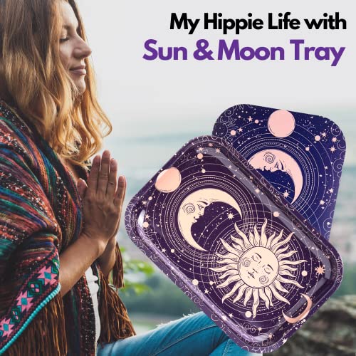 Sun Moon Rolling Tray with Magnetic Lid, 11''x7'' - Large Storage Decorative Tray - Ideal for Home & Travel, Celestial Aesthetic Metal Tray Set - Mystical Gifts for Spiritual Hippie, Astrology