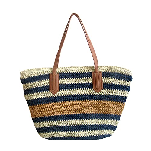 Burkburg Straw Beach Tote Bag Summer Woven Shoulder Bag Purse with Zipper, Stripe Navy