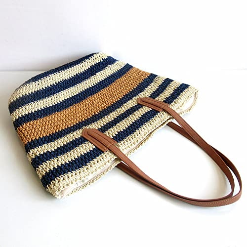 Burkburg Straw Beach Tote Bag Summer Woven Shoulder Bag Purse with Zipper, Stripe Navy