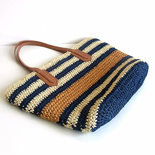 Burkburg Straw Beach Tote Bag Summer Woven Shoulder Bag Purse with Zipper, Stripe Navy