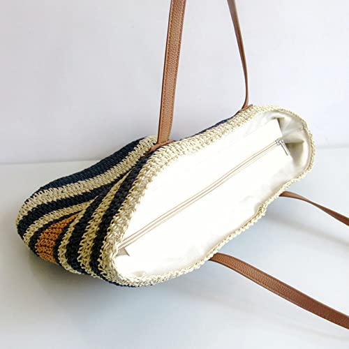 Burkburg Straw Beach Tote Bag Summer Woven Shoulder Bag Purse with Zipper, Stripe Navy