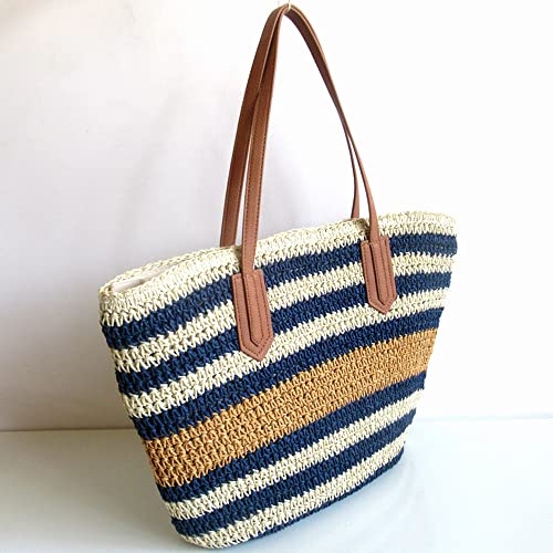 Burkburg Straw Beach Tote Bag Summer Woven Shoulder Bag Purse with Zipper, Stripe Navy