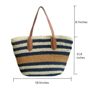 Burkburg Straw Beach Tote Bag Summer Woven Shoulder Bag Purse with Zipper, Stripe Navy