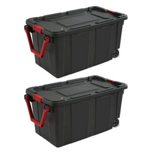 generic 40 gallon plastic wheeled industrial storage bin tote organizing container with durable lid and secure latching buckles , stackable and nestable snap lid plastic storage bin, 2 pack, black with red buckle
