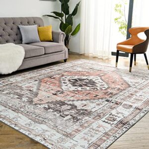 OIGAE Machine Washable Rug 5' x 7', Ultra-Thin Vintage Bohemian Medallion Area Rug, Stain Resistant Non-Slip Backing Rugs for Living Room Bedroom, Red