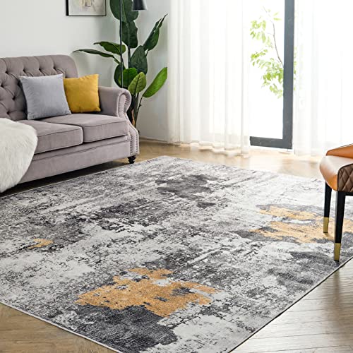 OIGAE Machine Washable Rug 5' x 7', Ultra-Thin Abstract Modern Area Rug Stain Resistant Anti Slip Backing Rugs for Living Room Bedroom, Grey, Yellow