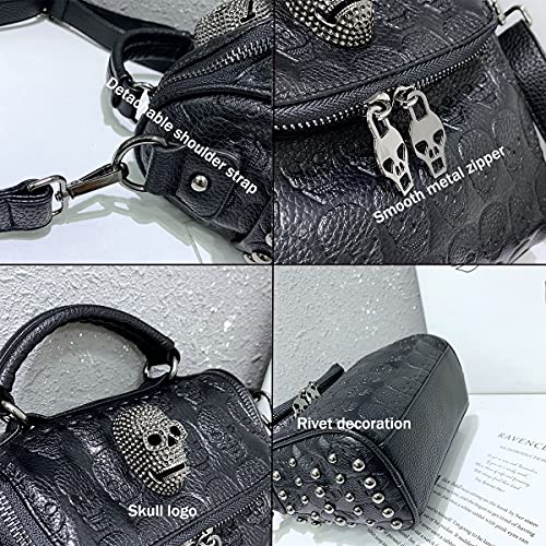 XingChen Women Skull Handbag Embossed Purse Vintage Crossbody Bag Clutch Classic Rivets Purse Gothic Shoulder Bag Black