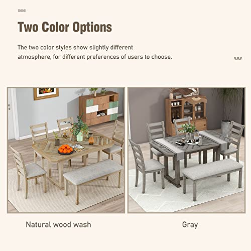 CITYLIGHT 6 Piece Kitchen Dining Table Set, Rubber Wood Rectangular Dining Table with Beautiful Wood Grain Pattern Tabletop Solid Wood Veneer and Soft Cushion for Home, Dining Room(Gray)