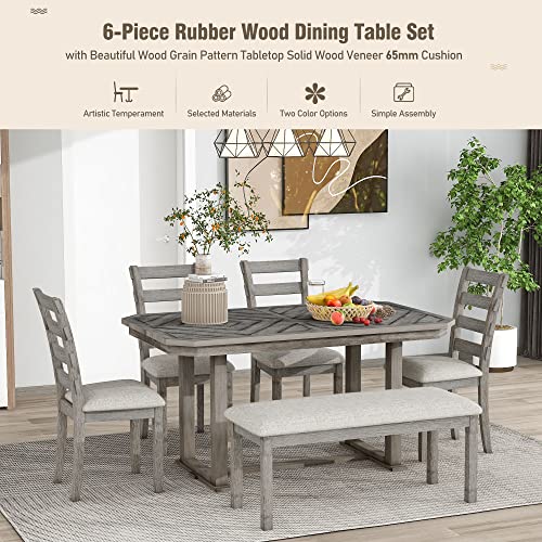 CITYLIGHT 6 Piece Kitchen Dining Table Set, Rubber Wood Rectangular Dining Table with Beautiful Wood Grain Pattern Tabletop Solid Wood Veneer and Soft Cushion for Home, Dining Room(Gray)