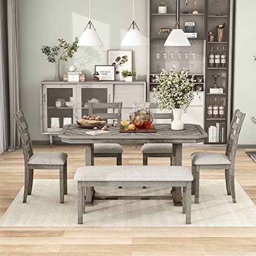 CITYLIGHT 6 Piece Kitchen Dining Table Set, Rubber Wood Rectangular Dining Table with Beautiful Wood Grain Pattern Tabletop Solid Wood Veneer and Soft Cushion for Home, Dining Room(Gray)