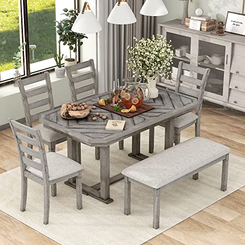 CITYLIGHT 6 Piece Kitchen Dining Table Set, Rubber Wood Rectangular Dining Table with Beautiful Wood Grain Pattern Tabletop Solid Wood Veneer and Soft Cushion for Home, Dining Room(Gray)
