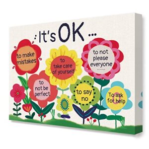 it’s ok colorful flowers inspirational quote canvas framed wall art, cute motivational canvas framed print for teens girls home bedroom dorm office wall decor 15″ x 12″