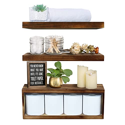 Noilk Floating Shelves, Bathroom Toilet Paper Holder Wall Mounted, Storage Shelf Organizer Over The Toilet, Decorative Kitchen Shelf Board Easy Install, Natural Wood Rustic Decor Plant Shelves