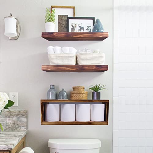 Noilk Floating Shelves, Bathroom Toilet Paper Holder Wall Mounted, Storage Shelf Organizer Over The Toilet, Decorative Kitchen Shelf Board Easy Install, Natural Wood Rustic Decor Plant Shelves