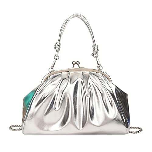 Oichy Leather Evening Bag Pleated Clutch Purses Top Handle Shoulder Bags Kiss Lock Handbags (Silver)