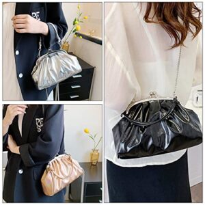 Oichy Leather Evening Bag Pleated Clutch Purses Top Handle Shoulder Bags Kiss Lock Handbags (Silver)