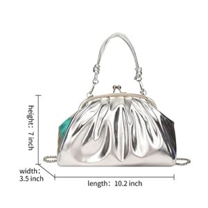 Oichy Leather Evening Bag Pleated Clutch Purses Top Handle Shoulder Bags Kiss Lock Handbags (Silver)