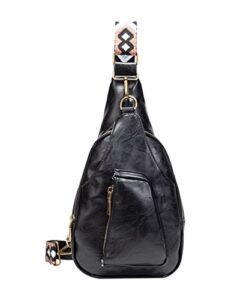ocahuel women sling bags crossbody chest bag purse leather wide guitar strap satchel daypack retro shoulder backpack travel hiking black