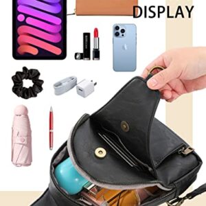 Ocahuel Women Sling Bags Crossbody Chest Bag Purse Leather Wide Guitar Strap Satchel Daypack Retro Shoulder Backpack Travel Hiking Black