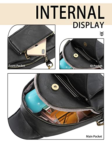 Ocahuel Women Sling Bags Crossbody Chest Bag Purse Leather Wide Guitar Strap Satchel Daypack Retro Shoulder Backpack Travel Hiking Black