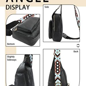 Ocahuel Women Sling Bags Crossbody Chest Bag Purse Leather Wide Guitar Strap Satchel Daypack Retro Shoulder Backpack Travel Hiking Black