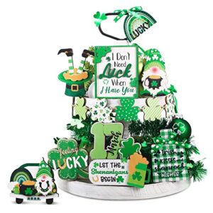 15 pcs st. patrick’s day tiered tray decor set shamrock gnome truck wood sign rustic irish theme table centerpiece tabletop for home table house decor, tray not included (shamrock)
