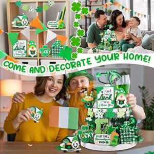 15 Pcs St. Patrick's Day Tiered Tray Decor Set Shamrock Gnome Truck Wood Sign Rustic Irish Theme Table Centerpiece Tabletop for Home Table House Decor, Tray Not Included (Shamrock)