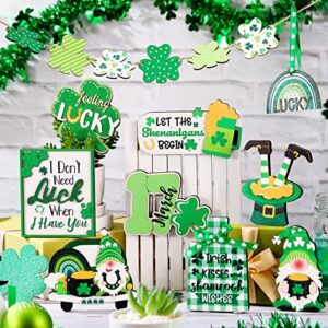 15 Pcs St. Patrick's Day Tiered Tray Decor Set Shamrock Gnome Truck Wood Sign Rustic Irish Theme Table Centerpiece Tabletop for Home Table House Decor, Tray Not Included (Shamrock)